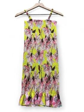Delfi Collective Dress Smocked Floral Mini Neon Yellow Ruffle Hem Resort Summer